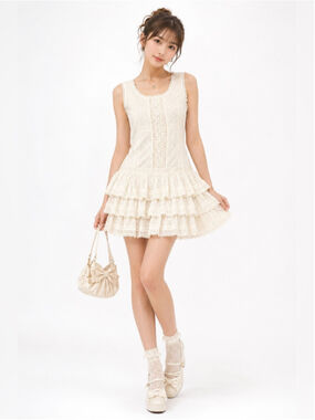 LIZ LISA Japanese Fairy Kei Coquette Lace Eyelet Cotton Tiered Ruffle Mini Dress